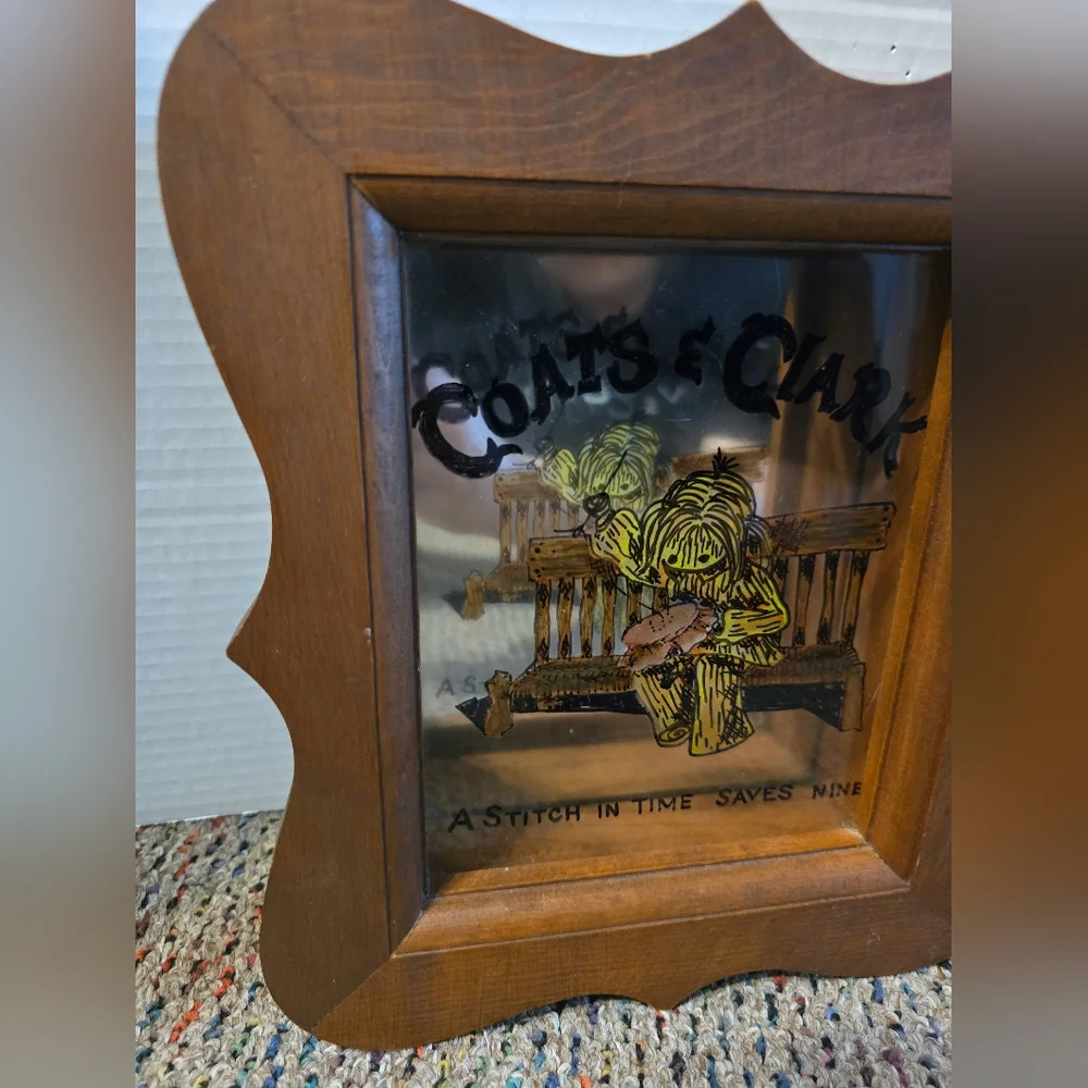 Coats & Clark A Stitch In Time Saves Nine Wood Mirrored Shadowbox Vintage